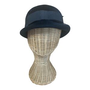 Vintage Womens Black Real Fur Veloured Bowler Hat With Bow Size Medium 50s/60s